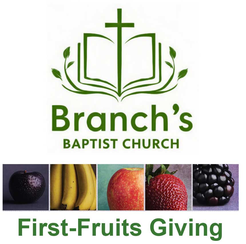 Branch's Baptist Church First-Fruits Giving logo featuring a cross, open Bible and fruit